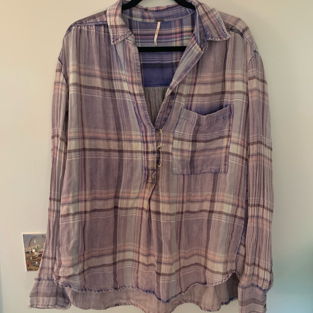 Free People Light Purple Plaid Pullover, Size Medium